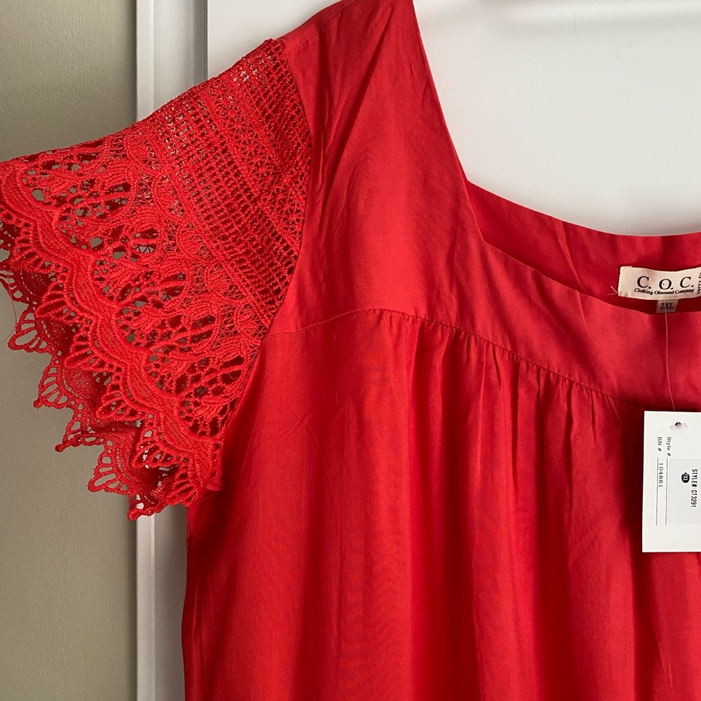 COC Orange Lace Trim Women's A-line Top Square Neck Fairy casual Vacation